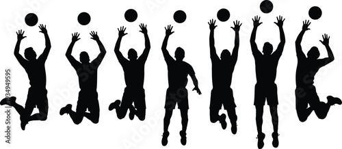 Volleyball player jumping spike silhouettes set, athlete blocking and attacking ball action poses, sport activity vector illustration