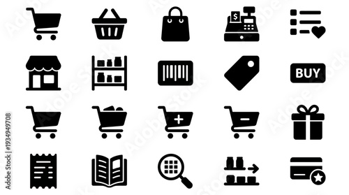 Comprehensive Icon Sheet of Shopping and Retail Symbols for Web Design