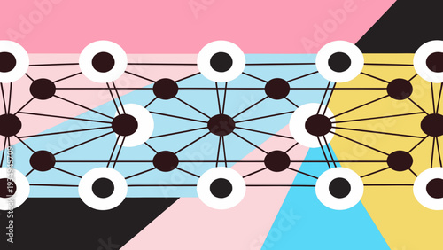 Abstract network diagram features interconnected nodes on colorful background.