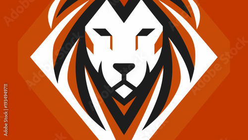 Stylized lion head logo features sharp geometric shapes in orange and black.