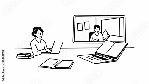 Person works remotely using a laptop during a video conference meeting.