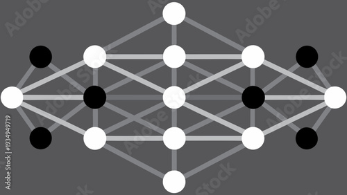 Neural network diagram shows interconnected nodes and layers on a dark background.