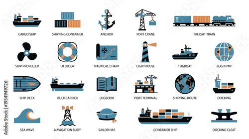 Ship and Boat Icon Sheet for Marine Transportation and Navigation