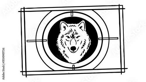 Wolf head in a crosshair scope design is drawn in black and white.