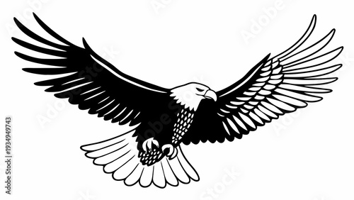 Bald eagle with outstretched wings flies powerfully against a blank backdrop.