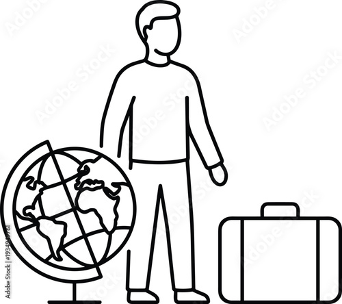 Man standing with globe and luggage, ready for international travel adventure