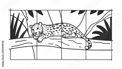 Leopard rests on a thick tree branch within a jungle setting.