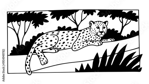 Cheetah rests on a branch surrounded by stylized jungle foliage in a black outline scene.