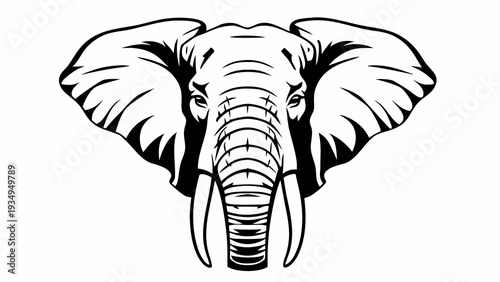 Symmetrical close-up illustration features the face of a powerful elephant with wide ears.