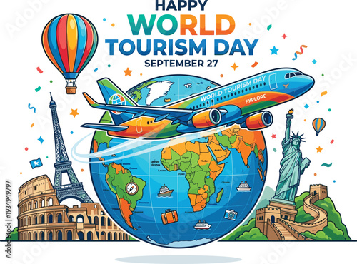 Celebrating World Tourism Day on September 27 with global landmarks and travel elements around the Earth