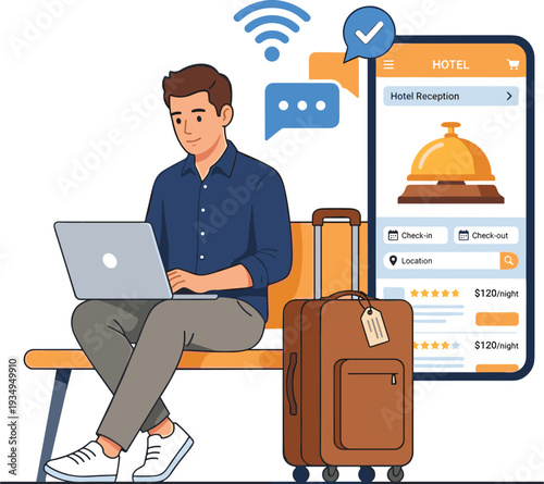 Man sitting on bench with laptop and luggage checking into hotel on mobile device