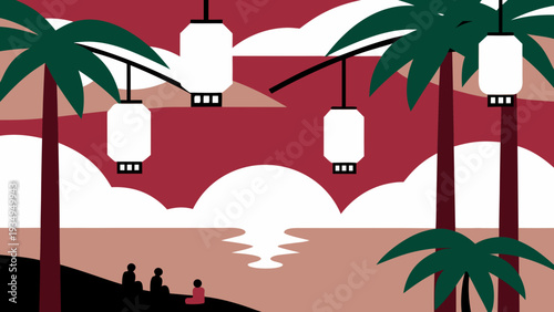 Silhouettes watch the sunset over the ocean beneath hanging paper lanterns and palm trees.