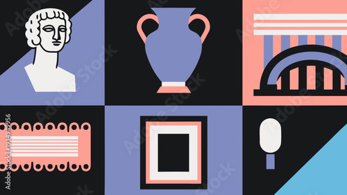 Abstract graphic elements represent historical artifacts and museum exhibits.