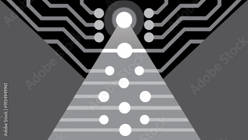 Light beam illuminates descending circular nodes within a circuit board pattern background.