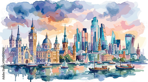 Watercolor illustration of cityscape with historic buildings and modern skyscrapers near a river at sunset