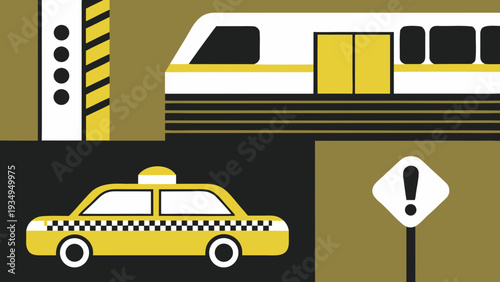 Yellow taxi cab and commuter train are depicted next to warning signage in graphic segments.