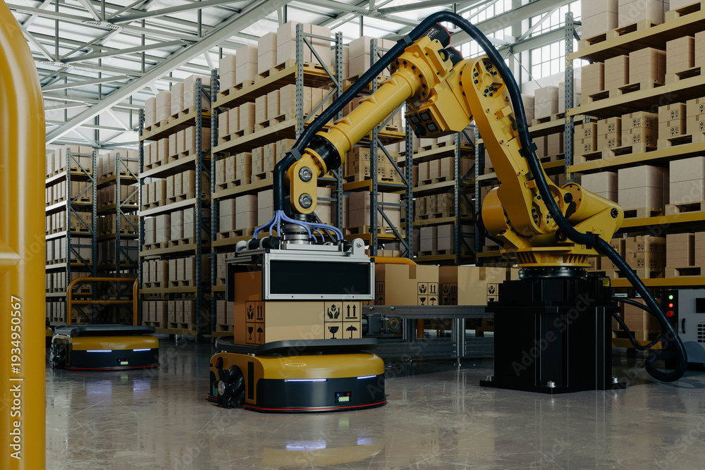 Obraz premium Automated warehouse logistics with robotic arm and AGV carrying cardboard boxes for smart factory automation- 3D rendering