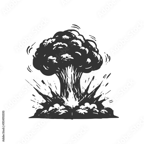 Black silhouette of a massive nuclear mushroom explosion, powerful blast smoke rising dramatically, perfect for war, conflict, disaster, or military themed designs.
