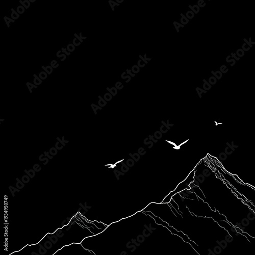 Silhouetted birds flying over stark mountain peaks against a black sky