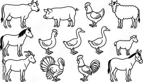 Cute farm animals collection featuring a seamless pattern with horses, chickens, and ducks in a vintage cartoon vector illustration set designed with nature and flower art elements
