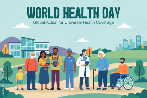 World Health Day banner background. Diverse people and medical workers standing together. World Health Day theme: Global Action for Universal Health Coverage.