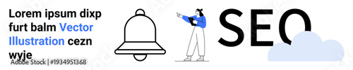 Notification bell, character pointing at SEO letters, and a cloud icon. Ideal for digital marketing, SEO strategies, content optimization, website traffic, online business, analytics simple landing