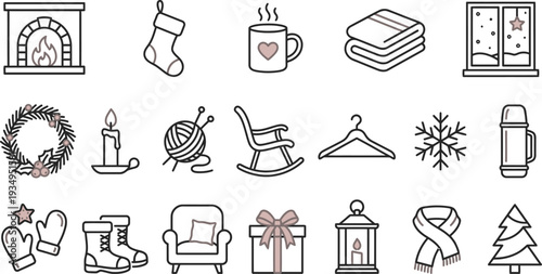 Cozy winter and christmas icons featuring fireplace, scarf, boots, and warm beverages collection.