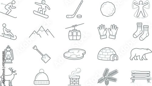 Collection of winter sports icons representing outdoor activities, cold weather, and seasonal recreation