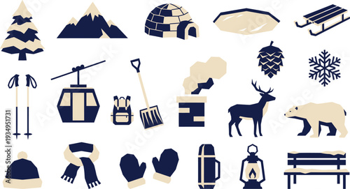 Collection of flat vector icons representing winter mountain activities and arctic wildlife elements.