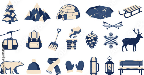 Collection of diverse winter activity icons featuring snowy landscapes and warm accessories