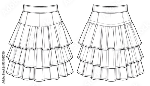 A minimalist line art illustration of two tiered skirts on transparent background