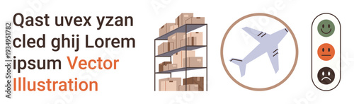 Logistics, supply chain, cargo delivery, e-commerce, customer feedback, shipping management. Airplane, warehouse racks with boxes and satisfaction scale. Logistics and supply chain concept