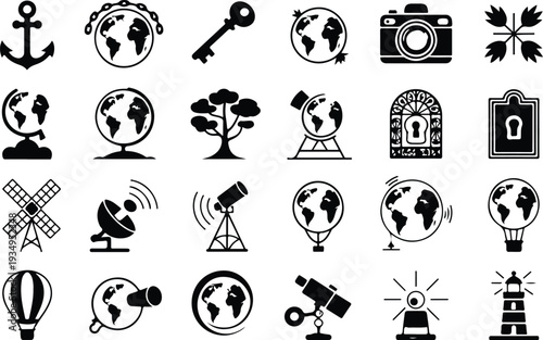 Globe Collection Silhouette Icon Set World Globe Typography Silhouette Icon Pack