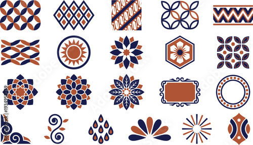 Collection of beautiful geometric and floral Indonesian batik inspired design elements.