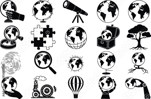 Globe Collection Silhouette Icon Set World Globe Typography Silhouette Icon Pack