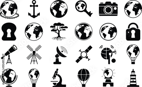 Globe Collection Silhouette Icon Set World Globe Typography Silhouette Icon Pack