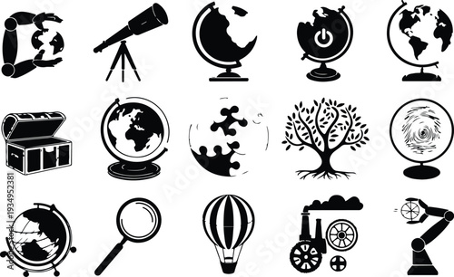 Globe Collection Silhouette Icon Set World Globe Typography Silhouette Icon Pack