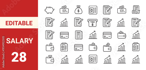 Finance web icons in line style. Budget planning, online payment, banking tools, credit card, wallet, salary income, tax control, money management set.