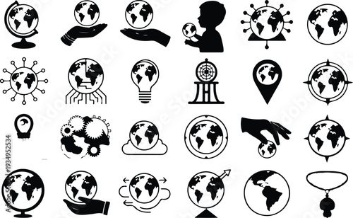 Globe Collection Silhouette Icon Set World Globe Typography Silhouette Icon Pack