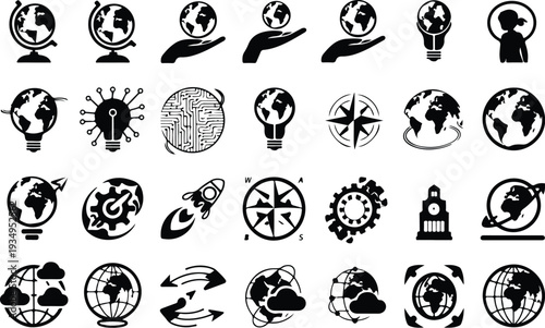 Globe Collection Silhouette Icon Set World Globe Typography Silhouette Icon Pack