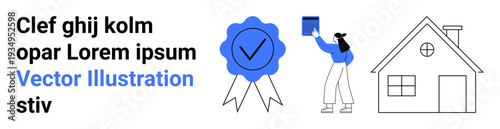 Education, certification, home, achievement, learning, accomplishment. Blue certification badge, person holding a book house line art. Certification and education concept