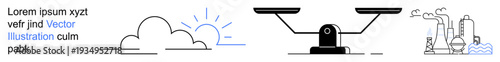 Renewable energy, pollution, industrial processes, ecology, climate change, sustainable development. A sun behind clouds, balanced scale industrial factory. Renewable energy and pollution concepts