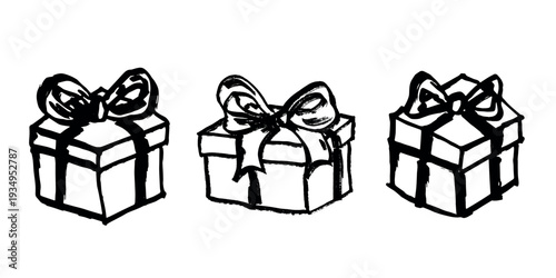 Set of hand drawn present box with ribbons Birthday present clipart Christmas gift Holiday doodle For design, print, web, decor, greeting card, sale
