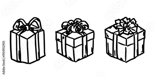Set of hand drawn present box with ribbons Birthday present clipart Christmas gift Holiday doodle For design, print, web, decor, greeting card, sale