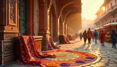 Festive Rangoli Art on Stone Street at Sunset