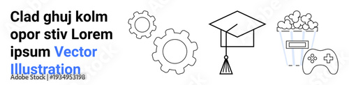 Education, entertainment, technology, leisure activities, gaming, multimedia. Black outline graphics of gear, graduation cap popcorn and game controller. Education and entertainment displayed