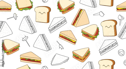 Delicious seamless pattern featuring a variety of hand-drawn sandwiches and toast with lettuce, tomato, and cheese on a white background.