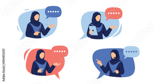 Avatars of a professional muslim woman in a hijab speaking with speech bubbles representing communication and customer service.