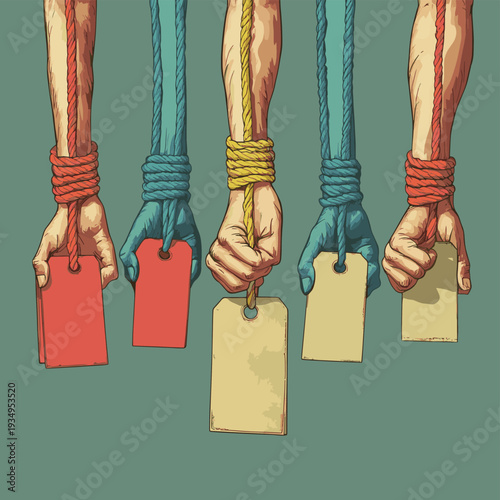 Human trafficking and the dehumanization of individuals, depicted through bound hands with a price tag , vector style simple color