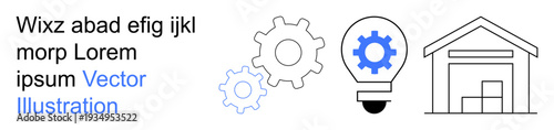 Logistics, automation, innovation, warehouse operations, efficiency improvement, technology integration. Gear, lightbulb and warehouse icon in minimalist style. Logistics and automation concepts